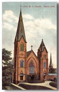 The First Methodist Episcopal Church that was on the corner of Broadway and Church Streets in Akron, Ohio, was destroyed by a fire, On August 30, 1911.