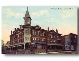 Windsor Hotel, on the corner of Mill Street and Bowery Street in downtown Akron, Ohio. The Windsor Hotel was built by temperance advocate Ferdinand Schumacher in 1882.